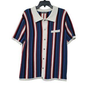 PJ Paul Jones Blue Red White Striped Knit Polo Shirt Mens L Large Preppy